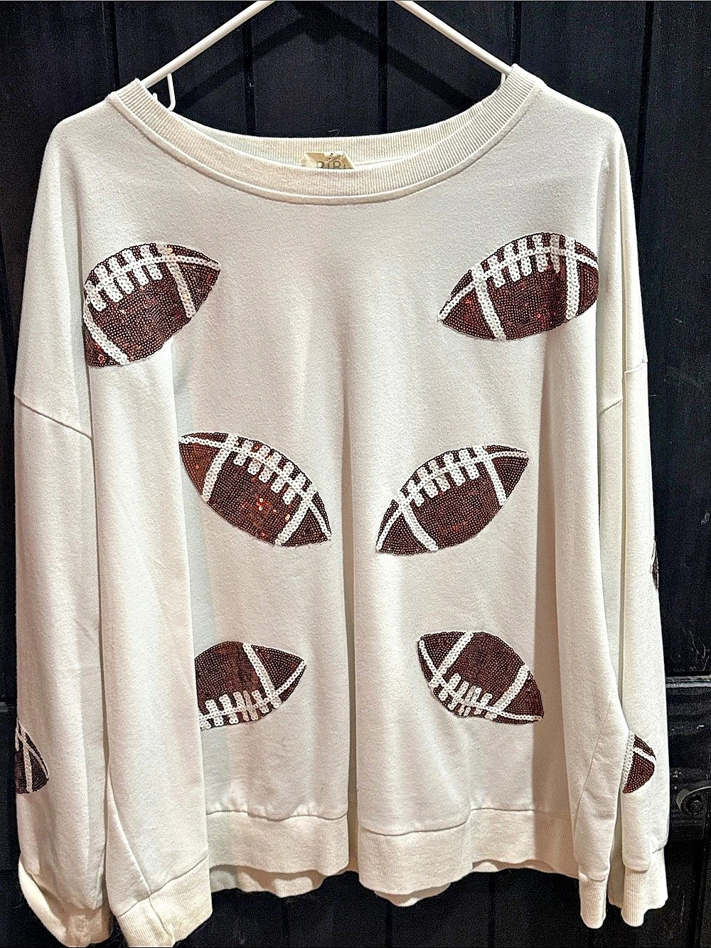 Bibi Gameday Sequin Football Patches Rib Banded Sweater White & Brown XL